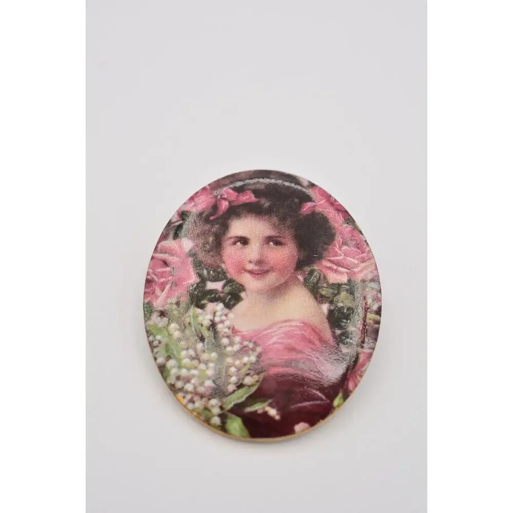 Vintage Porcelain Pin Brooch Girl Picture Screen Print Oldie Colorful 90s BinAT